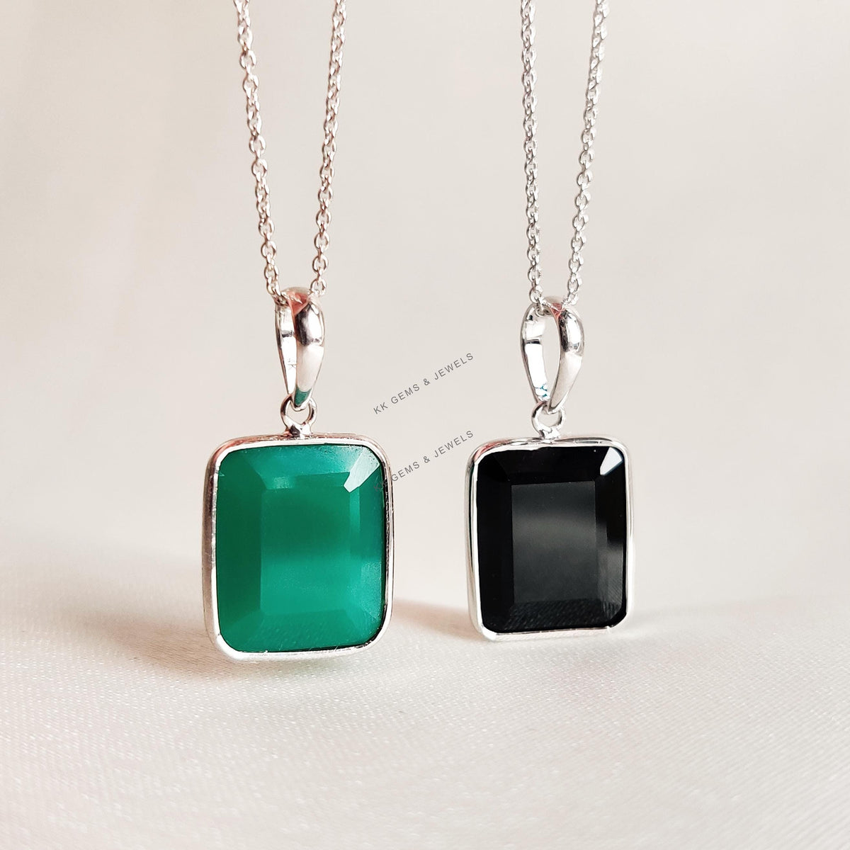 Natural Black & Green Onyx Octagon Bezel Pendant, 14K Solid White Gold, December Birthstone