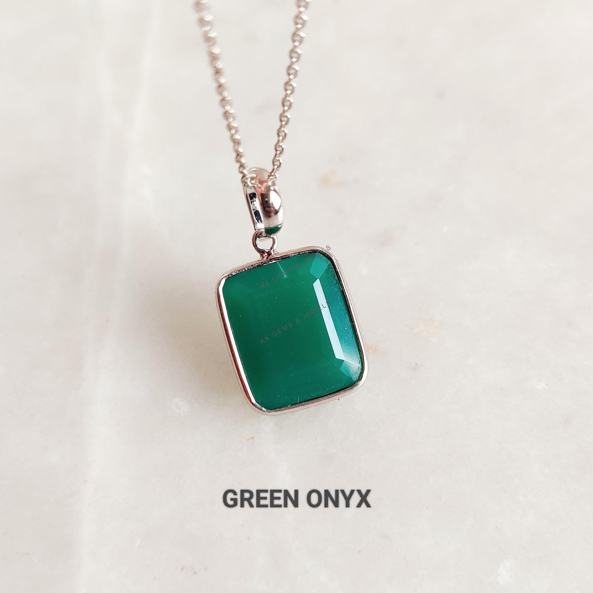 Natural Black & Green Onyx Octagon Bezel Pendant, 14K Solid White Gold, December Birthstone