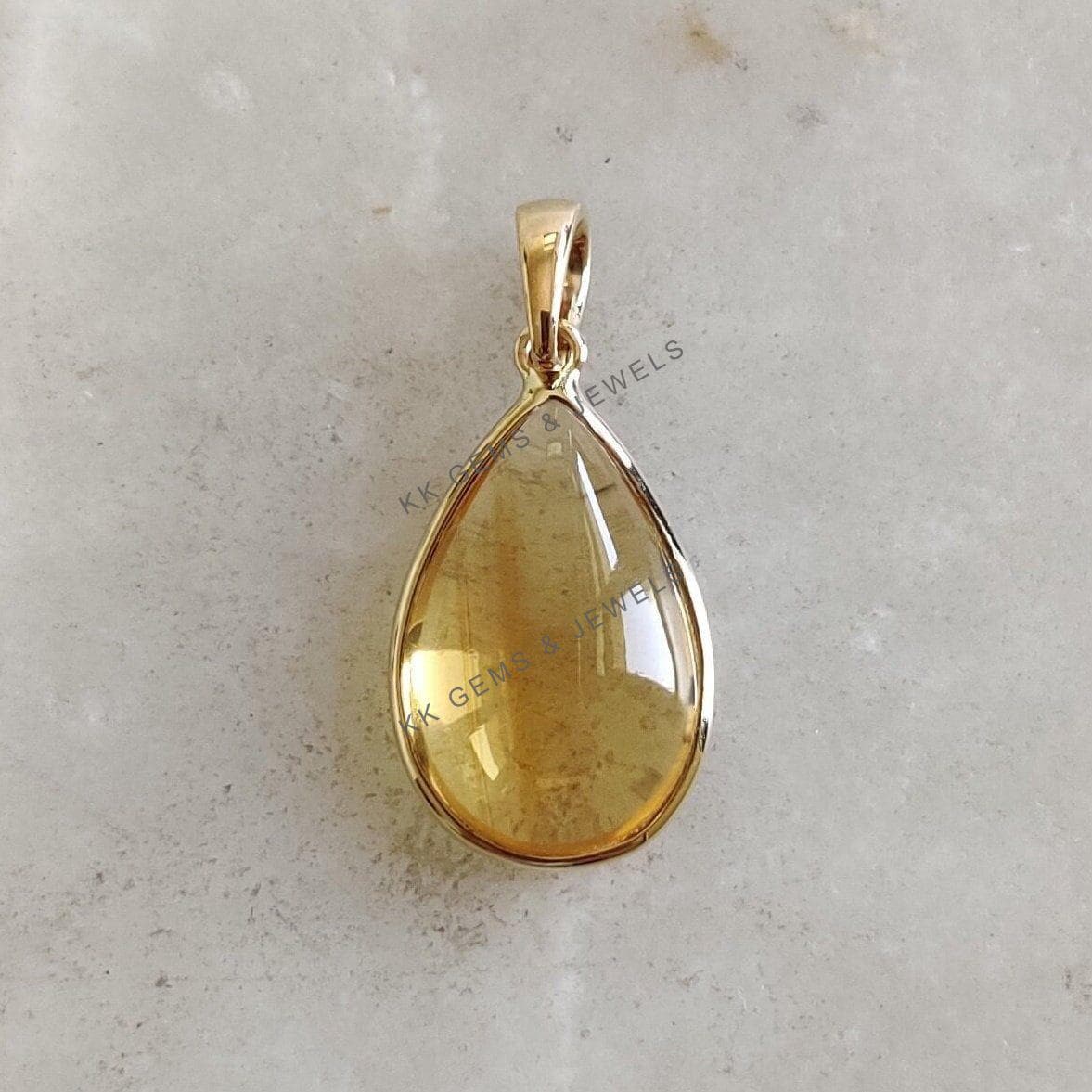 14K Solid Yellow Gold Natural Citrine Pendant, Pear Bezel, November Birthstone