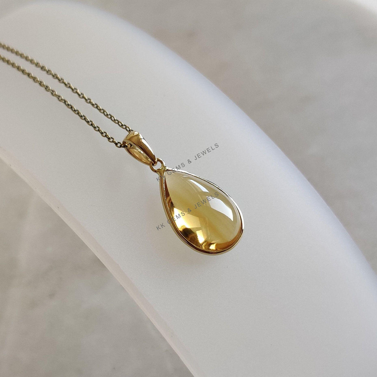 14K Solid Yellow Gold Natural Citrine Pendant, Pear Bezel, November Birthstone