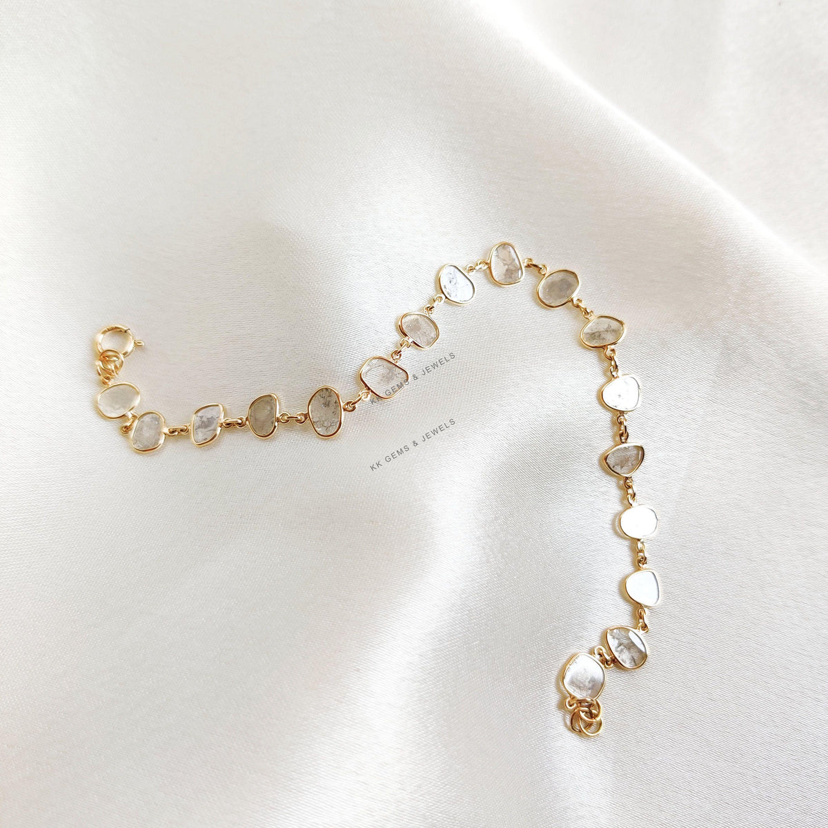 14K Solid Yellow Gold Natural Diamond Polki Slice Bracelet, April Birthstone, Christmas Present