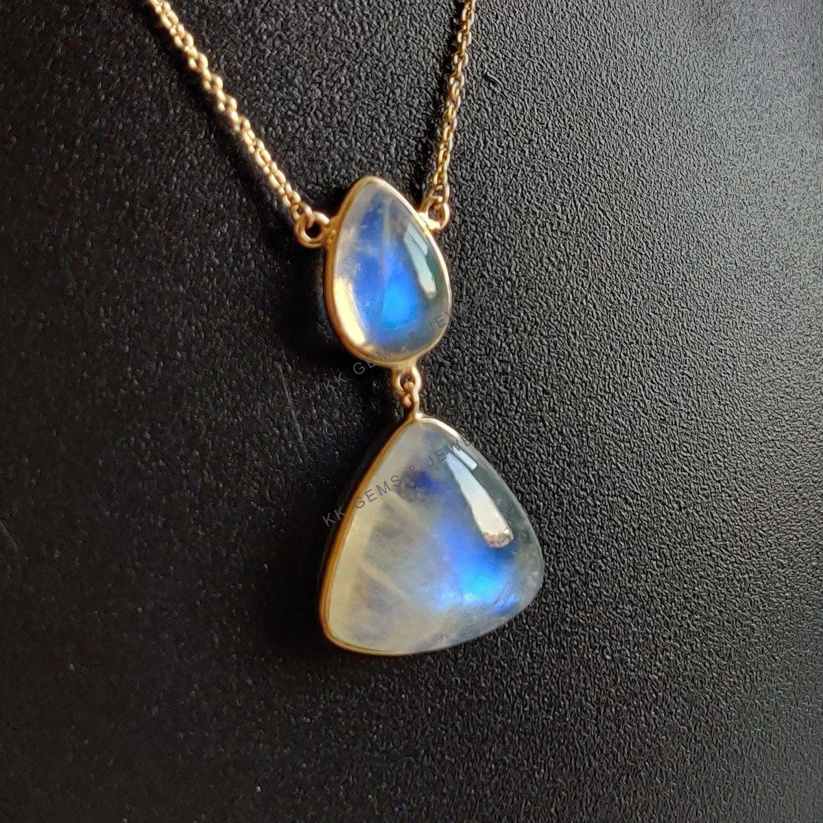 14K Solid Gold Natural Rainbow Moonstone Chain Necklace, June Birthstone
