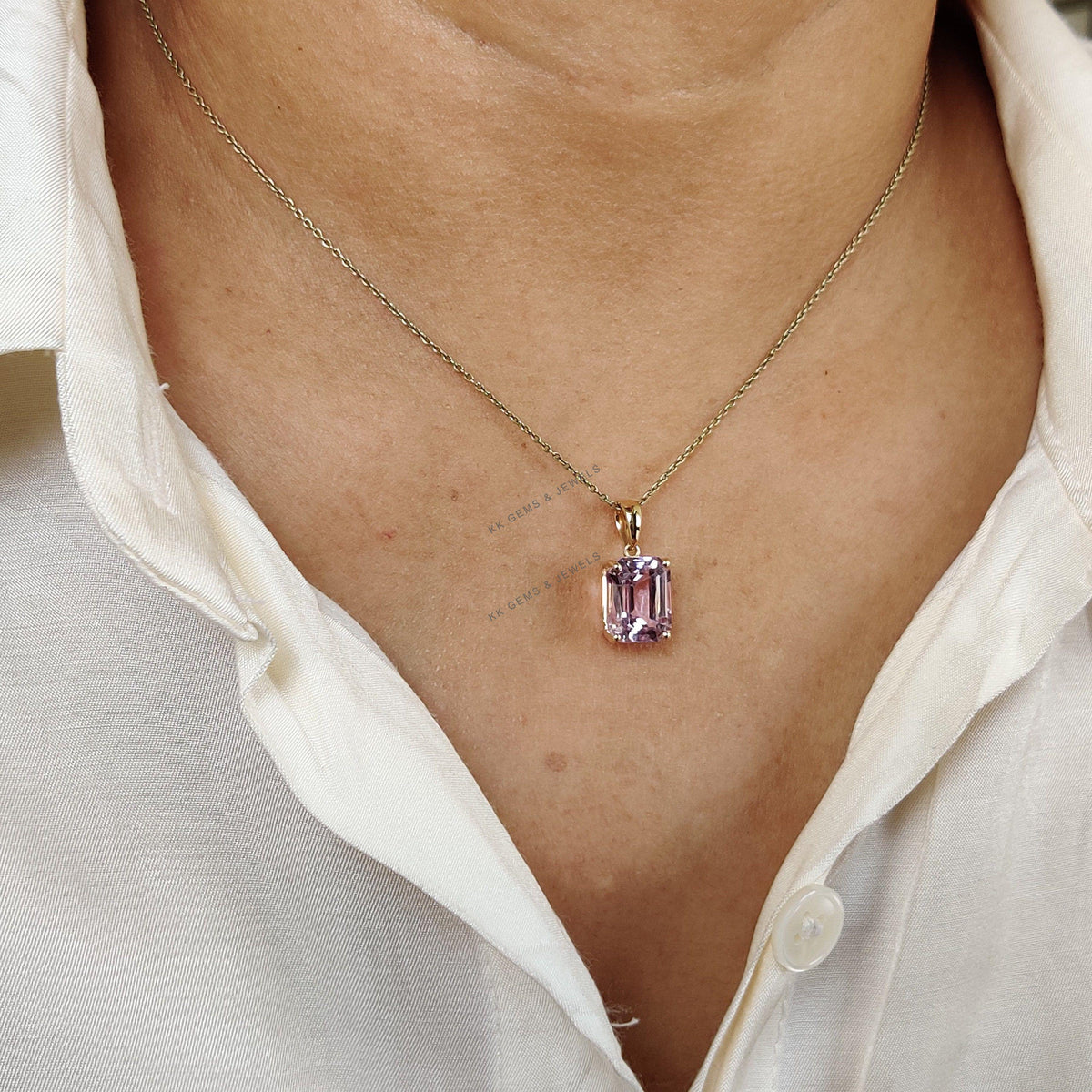 Natural Kunzite Pendant, 14K Solid Yellow Gold Prong Setting, February Birthstone
