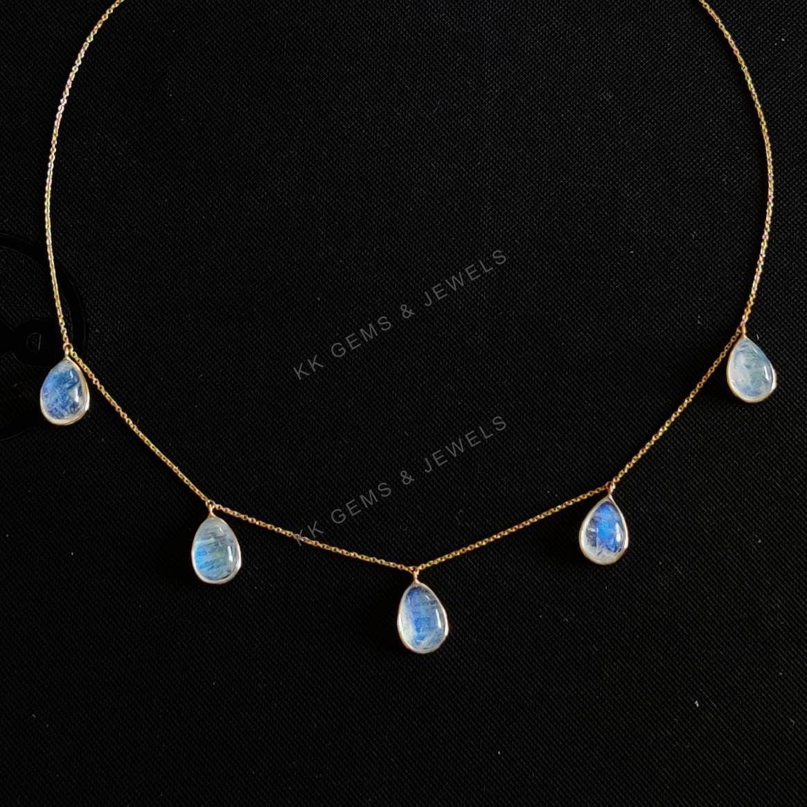 Natural Rainbow Moonstone 14K Solid Yellow Gold Necklace, June Birthstone