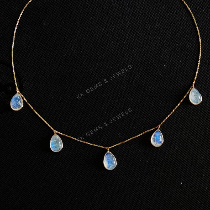 Natural Rainbow Moonstone 14K Solid Yellow Gold Necklace, June Birthstone
