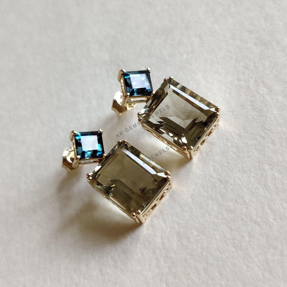 14K Solid Gold Natural London Blue Topaz & Green Amethyst Earrings, Christmas Gift