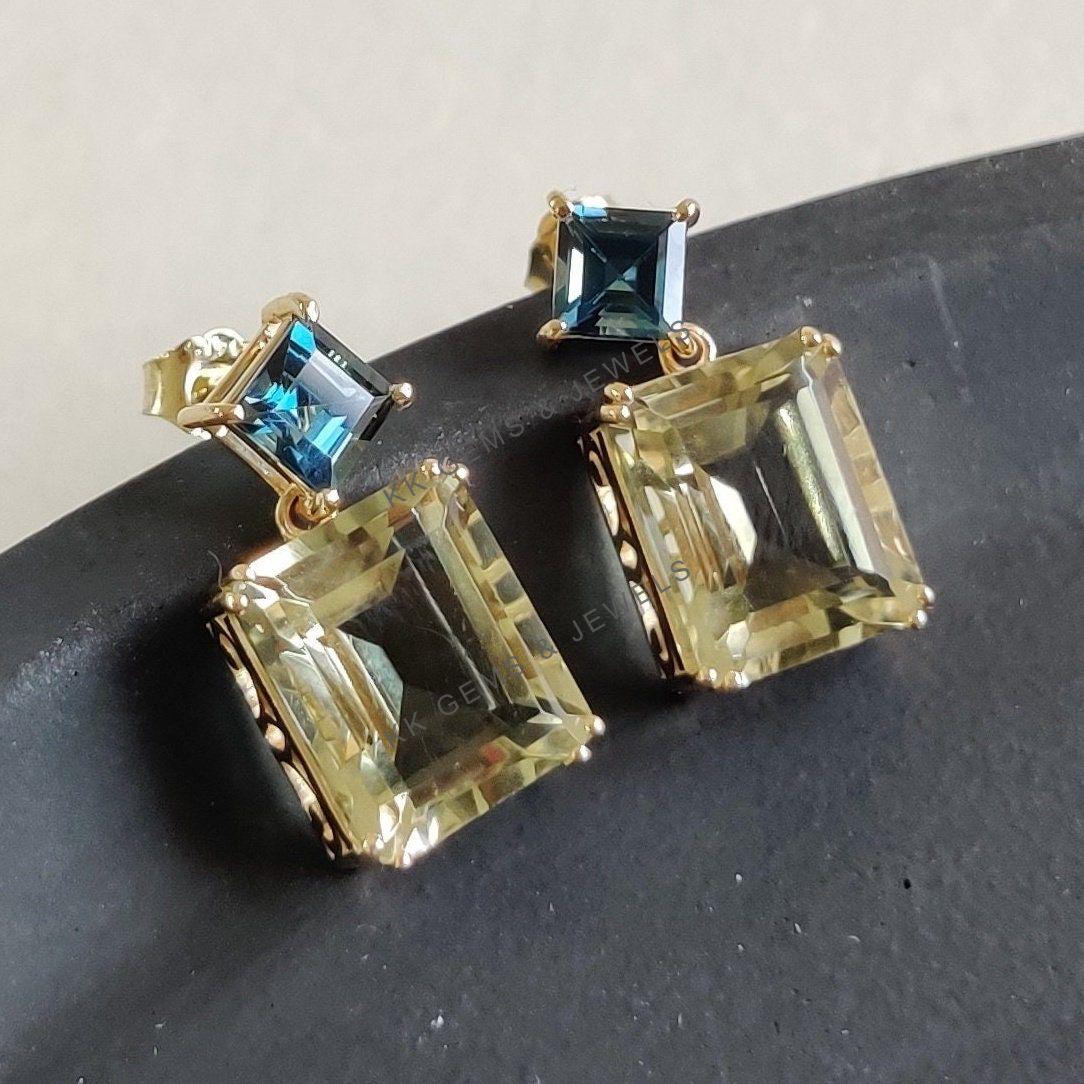 14K Solid Gold Natural London Blue Topaz & Green Amethyst Earrings, Christmas Gift