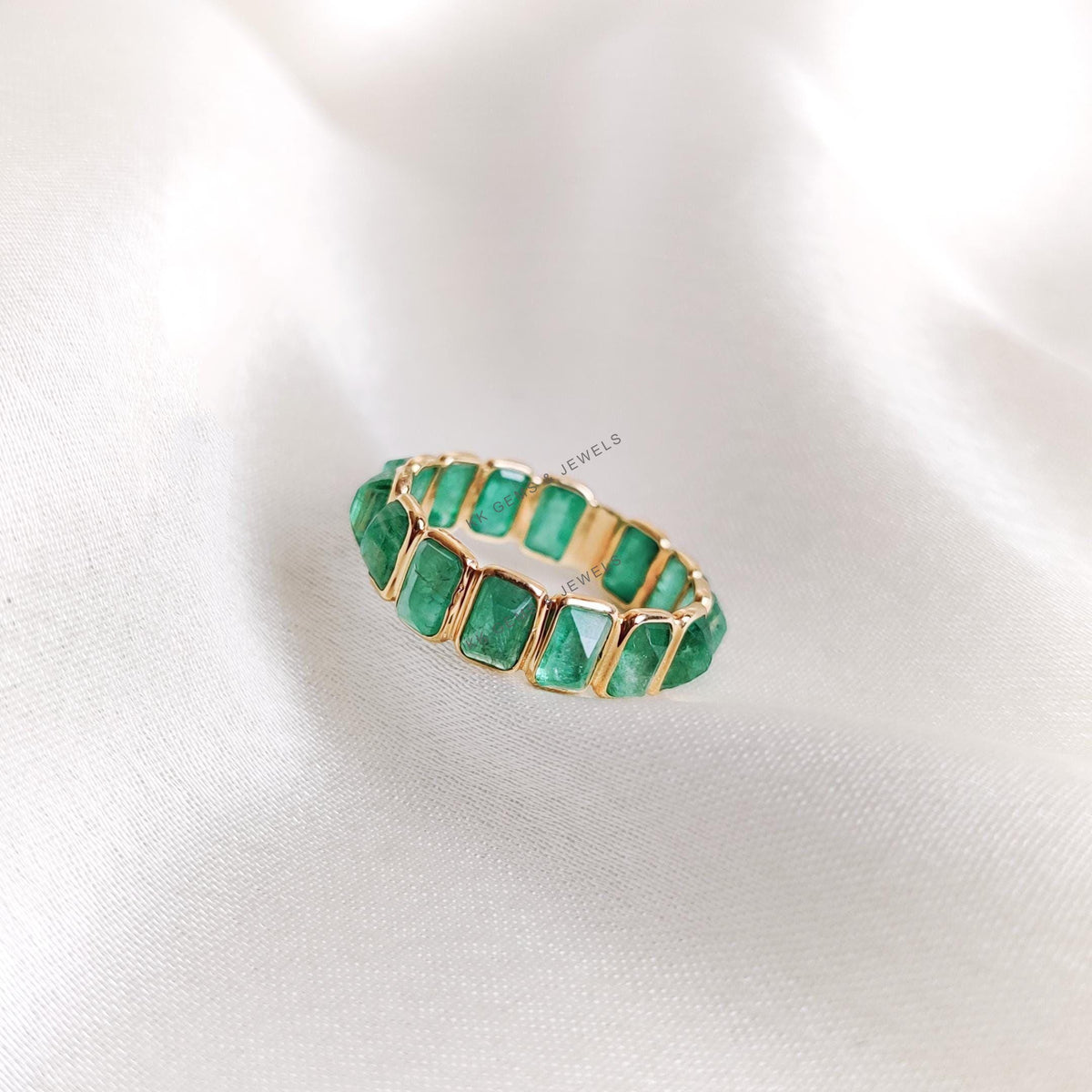 Natural Emerald Baguette Cut Infinity Ring, 14K Solid Yellow Gold, May Birthstone