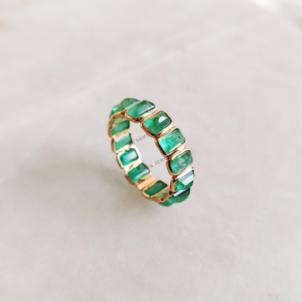 Natural Emerald Baguette Cut Infinity Ring, 14K Solid Yellow Gold, May Birthstone