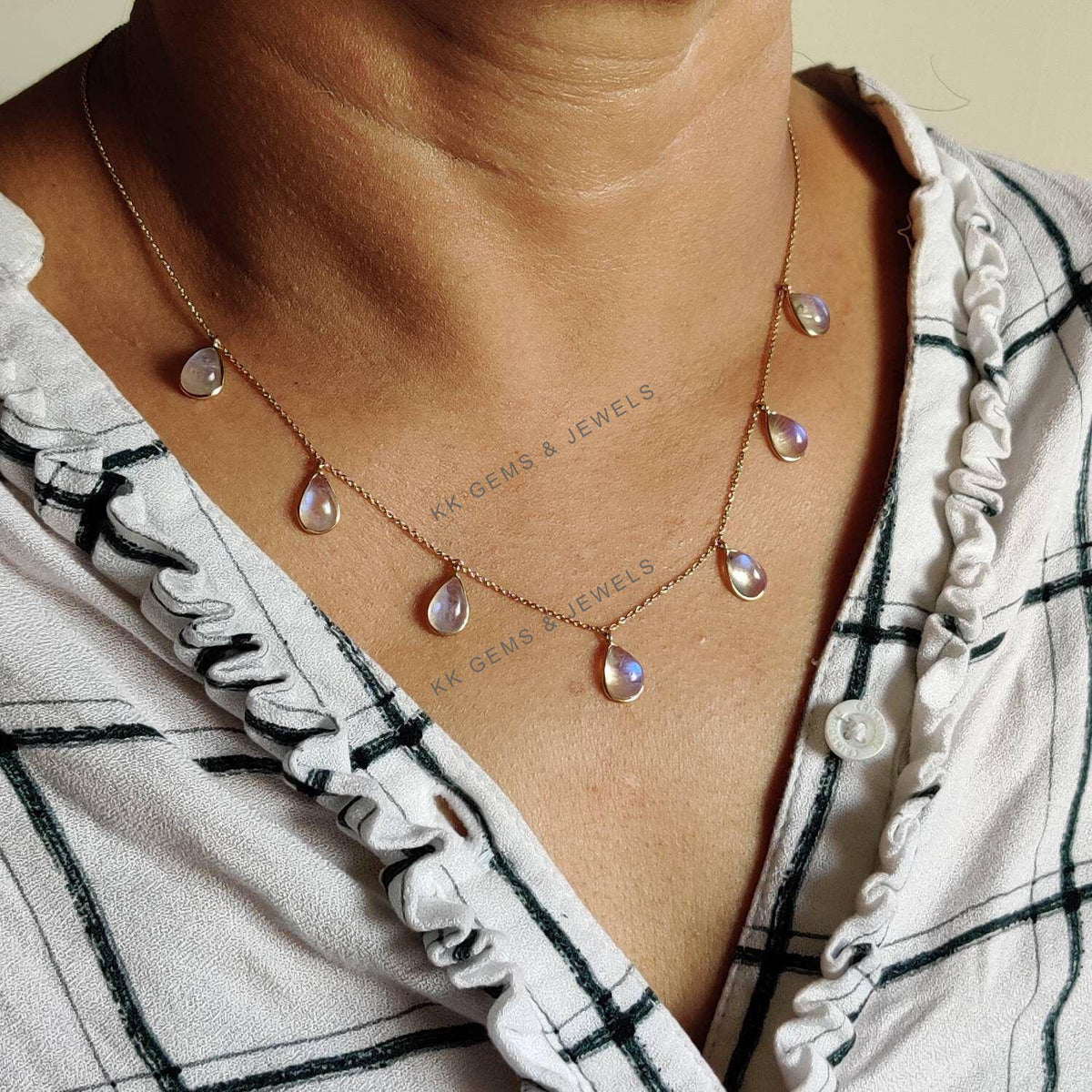 14K Solid Gold Natural Rainbow Moonstone Necklace, June Birthstone