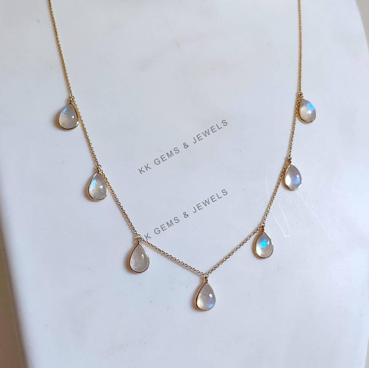 14K Solid Gold Natural Rainbow Moonstone Necklace, June Birthstone