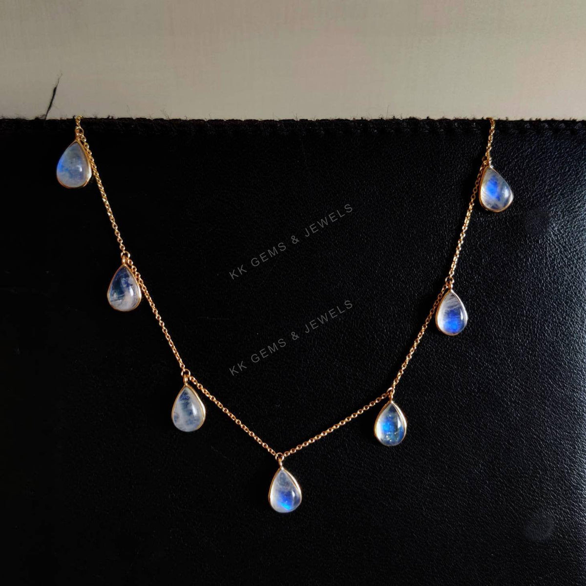 14K Solid Gold Natural Rainbow Moonstone Necklace, June Birthstone