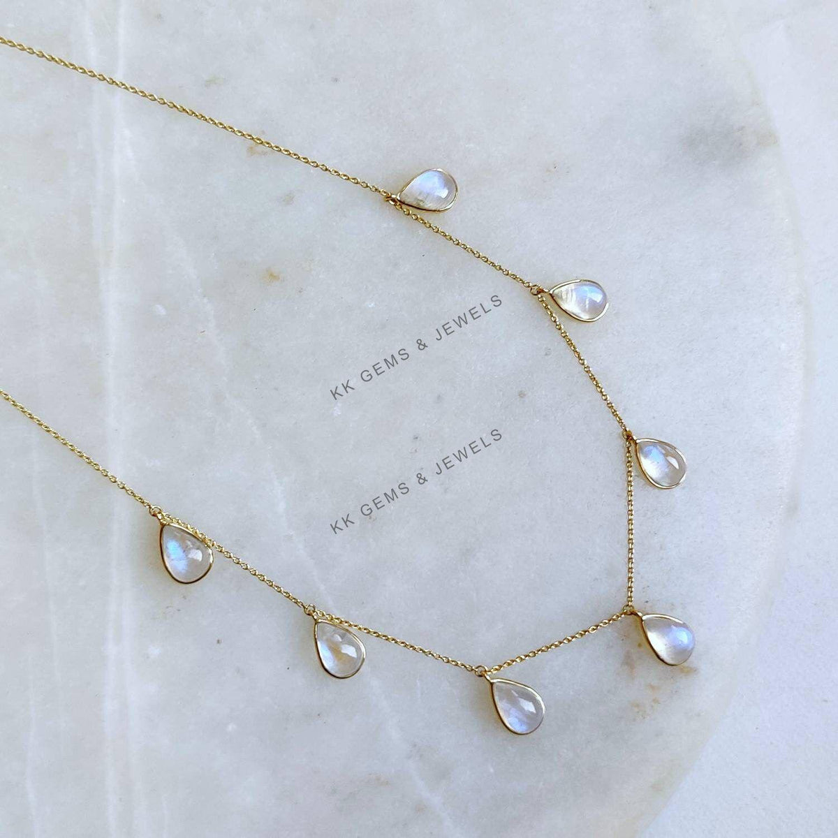 14K Solid Gold Natural Rainbow Moonstone Necklace, June Birthstone