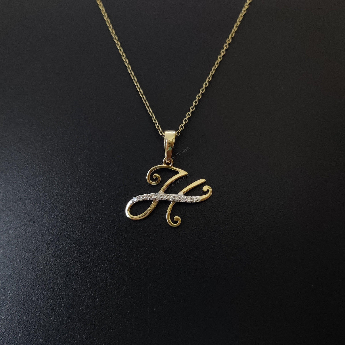 14K Solid Yellow Gold Initial H Diamond Pendant, Birthday Gift