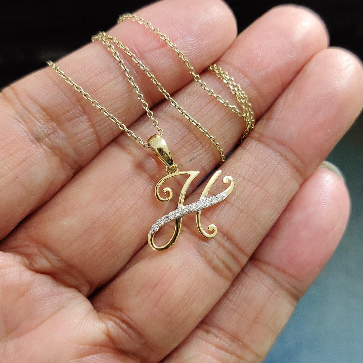 14K Solid Yellow Gold Initial H Diamond Pendant, Birthday Gift