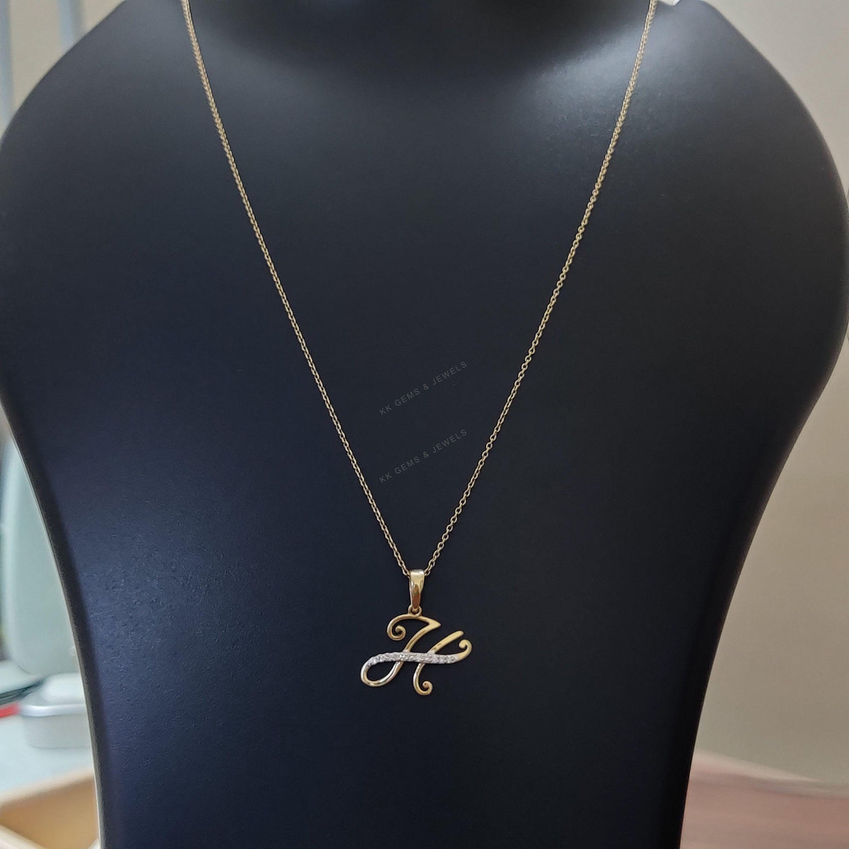14K Solid Yellow Gold Initial H Diamond Pendant, Birthday Gift