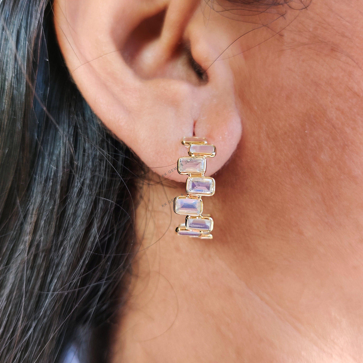 14K Solid Yellow Gold Natural Rainbow Moonstone Hoop Earrings, June Birthstone, Christmas Present