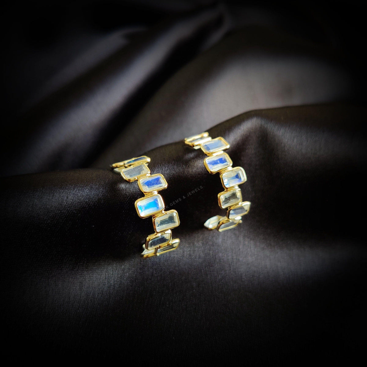 14K Solid Yellow Gold Natural Rainbow Moonstone Hoop Earrings, June Birthstone, Christmas Present