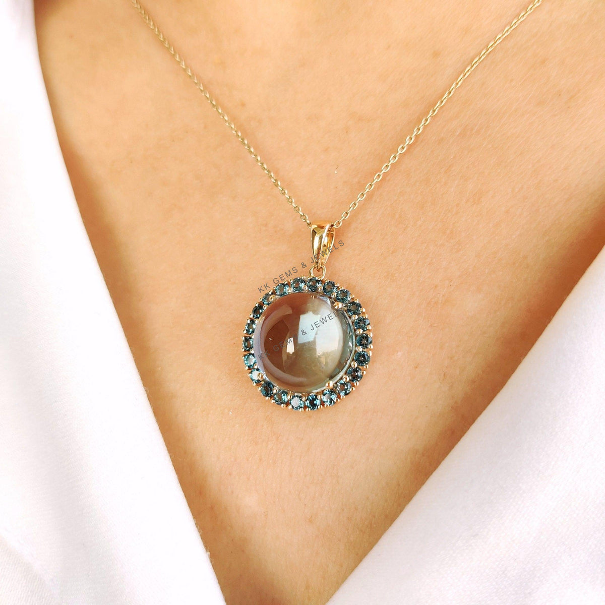 14K Solid Gold Natural Sky & London Blue Topaz Halo Pendant, December Birthstone