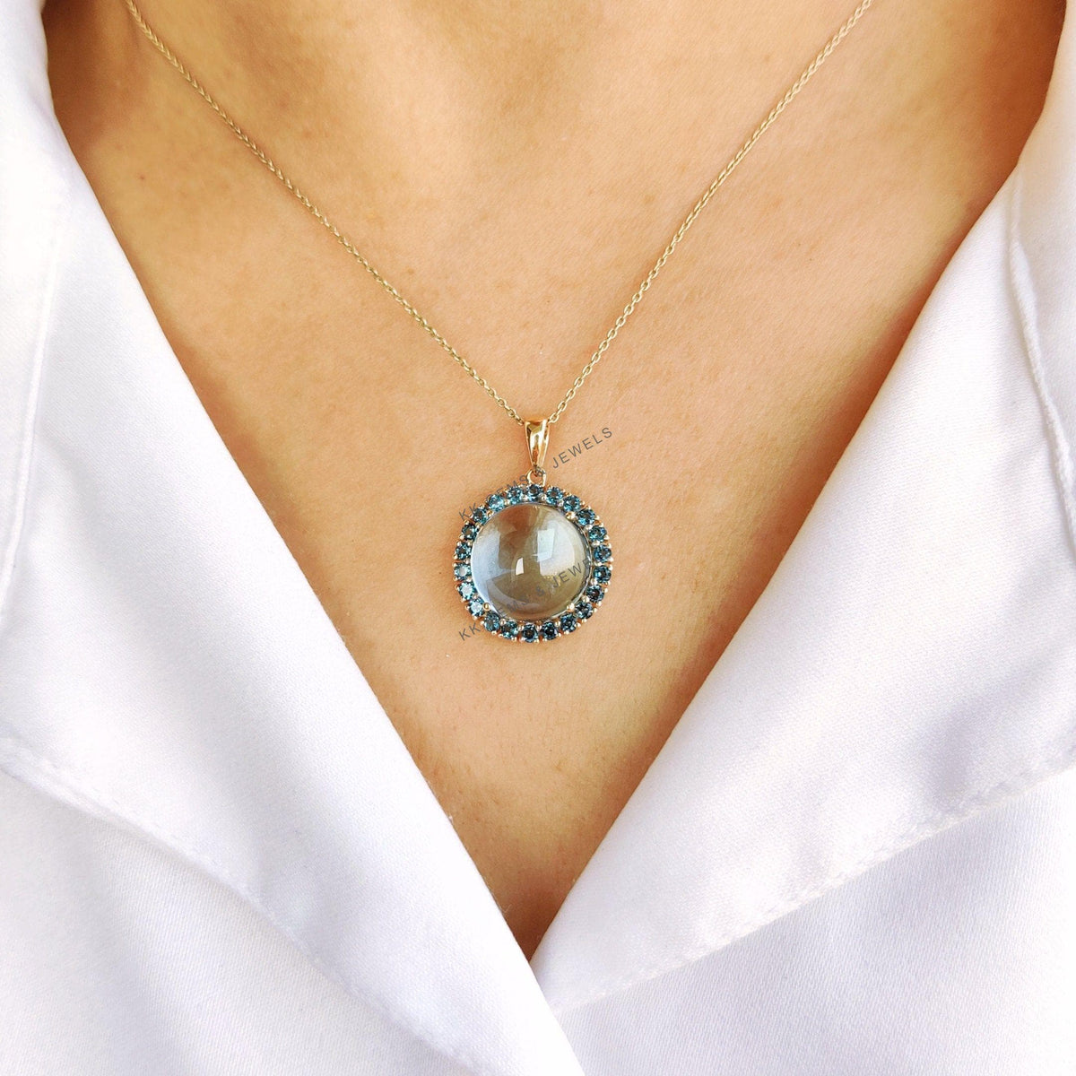 14K Solid Gold Natural Sky & London Blue Topaz Halo Pendant, December Birthstone