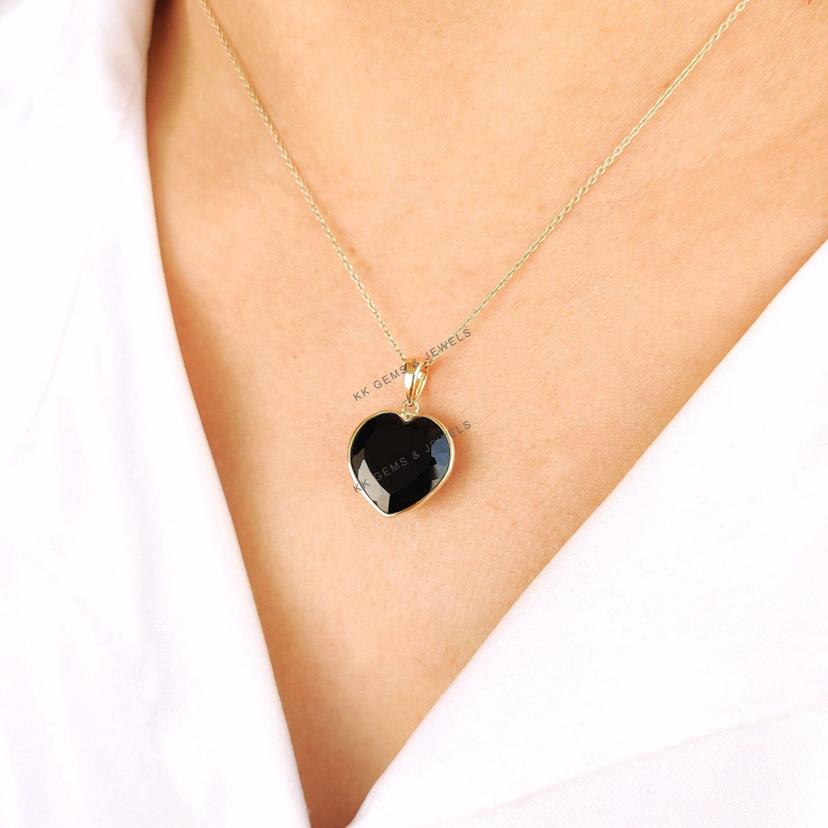 Natural Black Onyx Heart Pendant, 14K Solid Yellow Gold