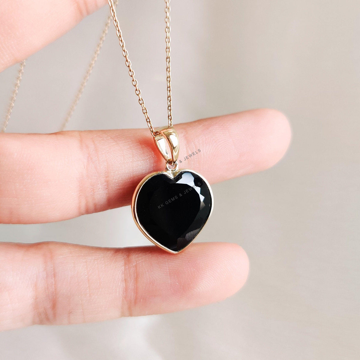 Natural Black Onyx Heart Pendant, 14K Solid Yellow Gold