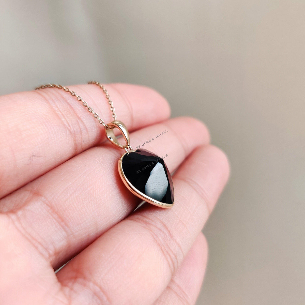 Natural Black Onyx Heart Pendant, 14K Solid Yellow Gold
