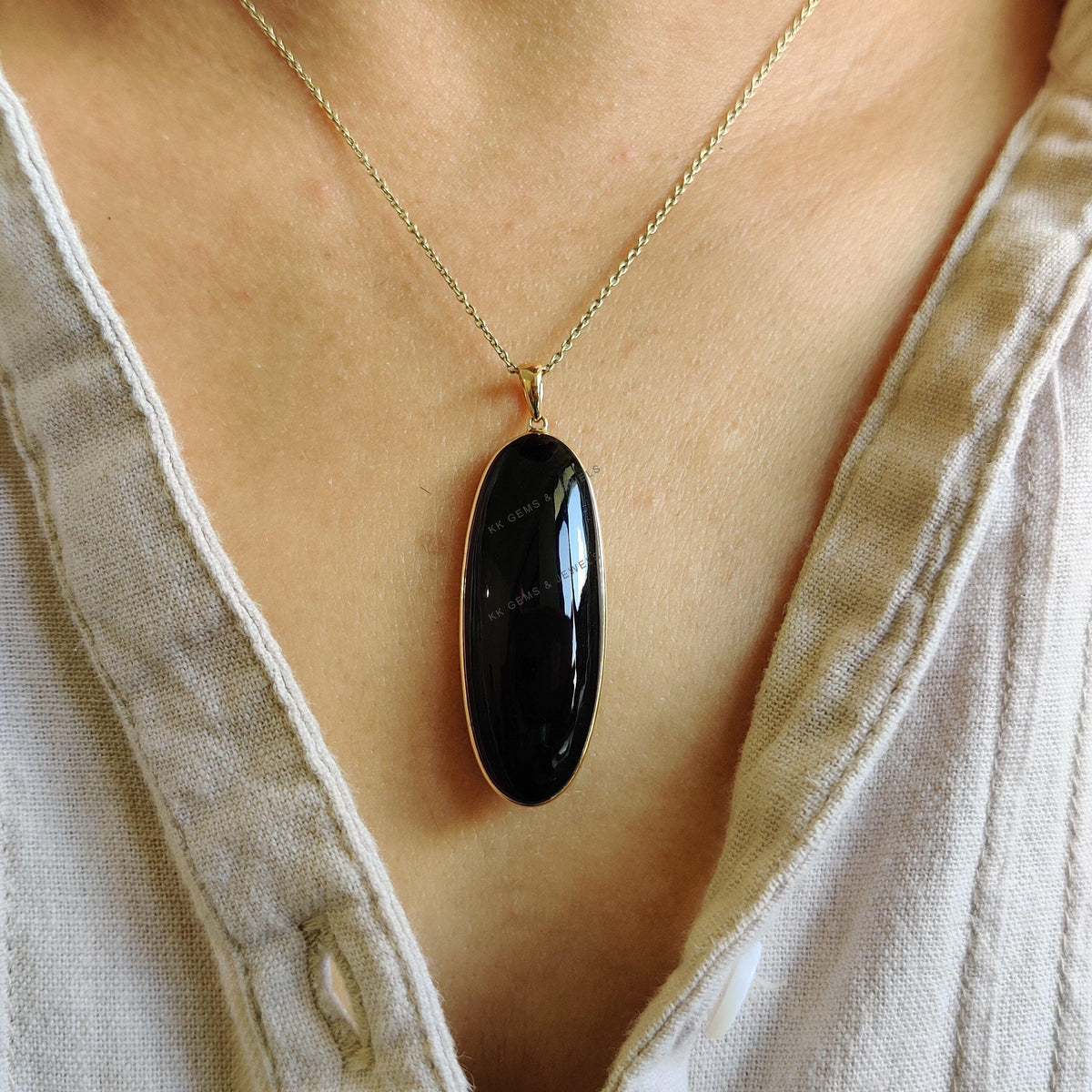 Natural Black Onyx Pendant, 14K Solid Yellow Gold Bezel Pendant, December Birthstone