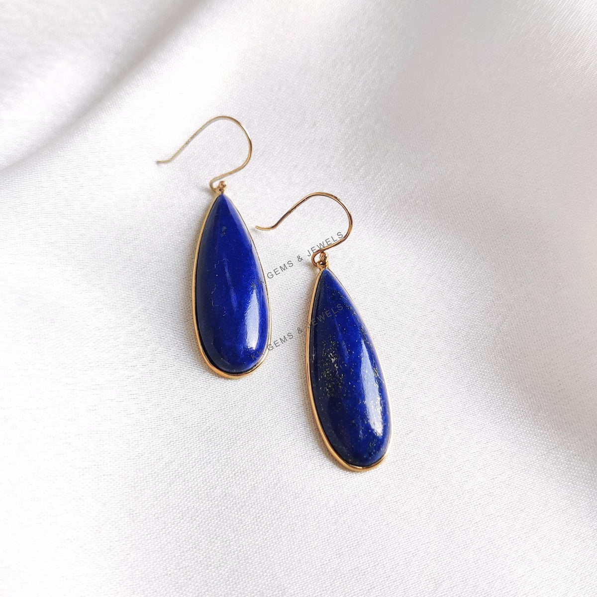 14K Solid Yellow Gold Natural Lapis Lazuli Earrings, Pear Cabochon, September Birthstone
