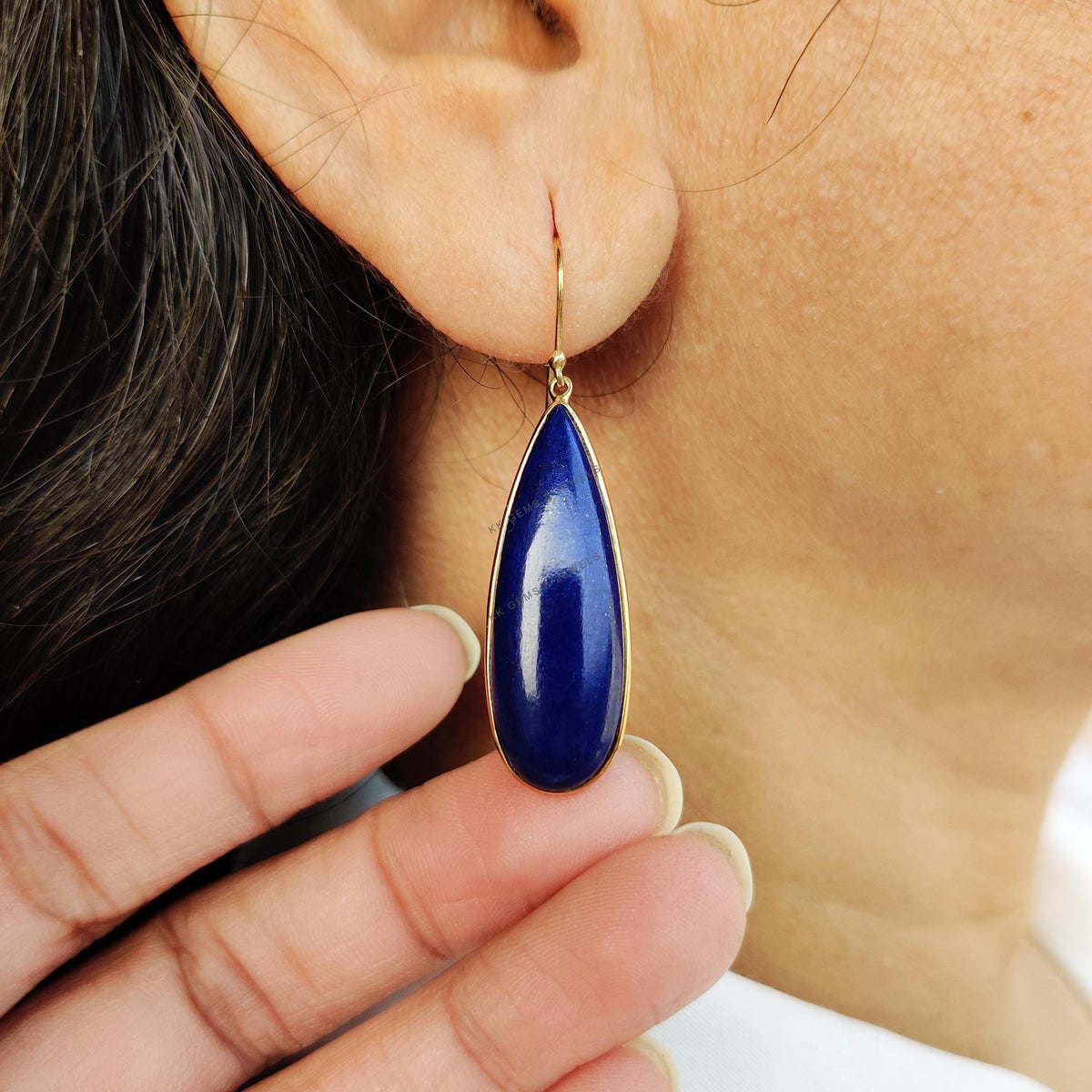 14K Solid Yellow Gold Natural Lapis Lazuli Earrings, Pear Cabochon, September Birthstone