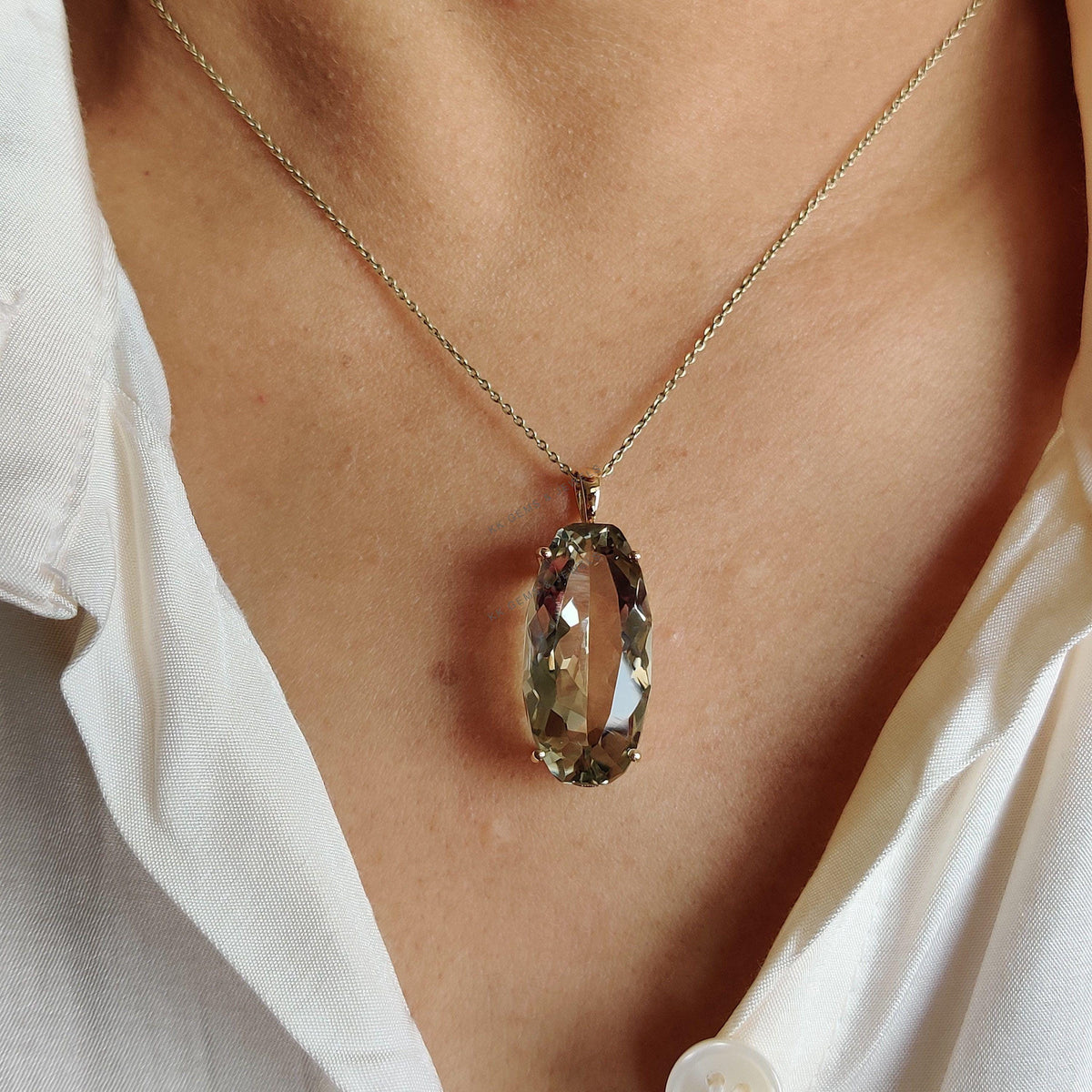 14K Solid Yellow Gold Natural Green Amethyst Pendant, February Birthstone, Christmas Present
