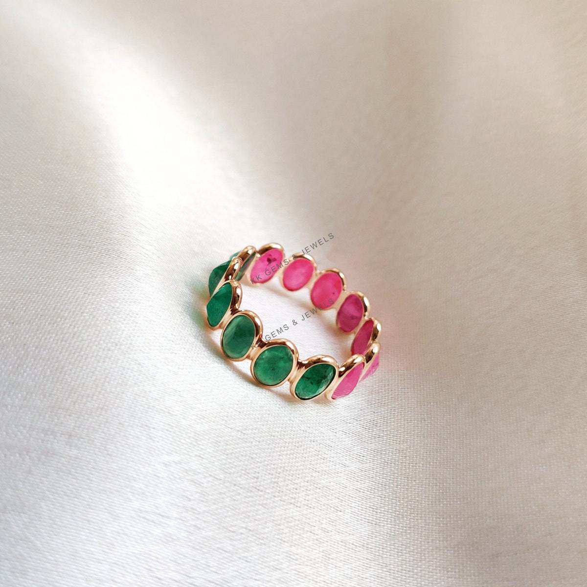 14K Solid Gold Natural Ruby and Emerald Bezel Ring, May July Birthstone Ring, Anniversary Gift, Natural Ruby Emerald Jewelry