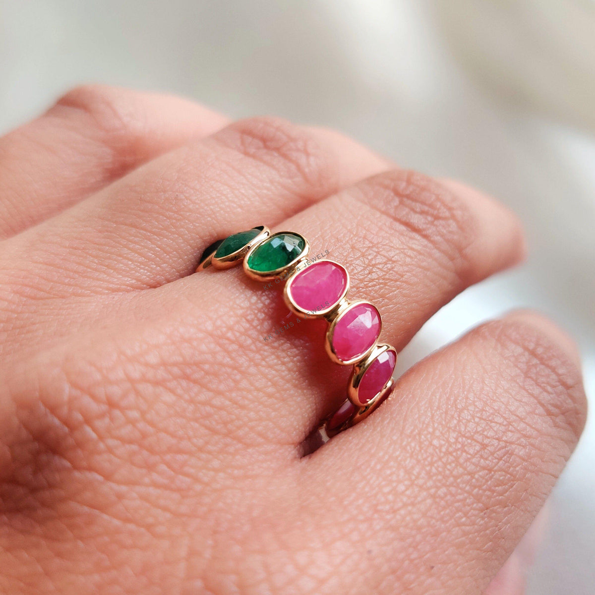14K Solid Gold Natural Ruby and Emerald Bezel Ring, May July Birthstone Ring, Anniversary Gift, Natural Ruby Emerald Jewelry