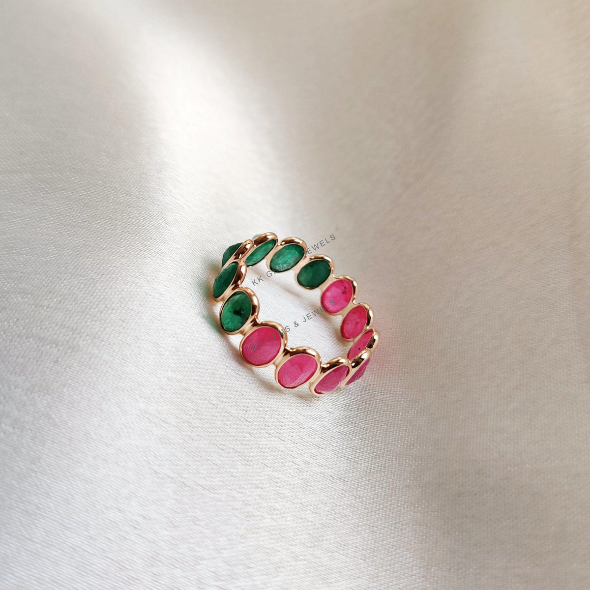 14K Solid Gold Natural Ruby and Emerald Bezel Ring, May July Birthstone Ring, Anniversary Gift, Natural Ruby Emerald Jewelry