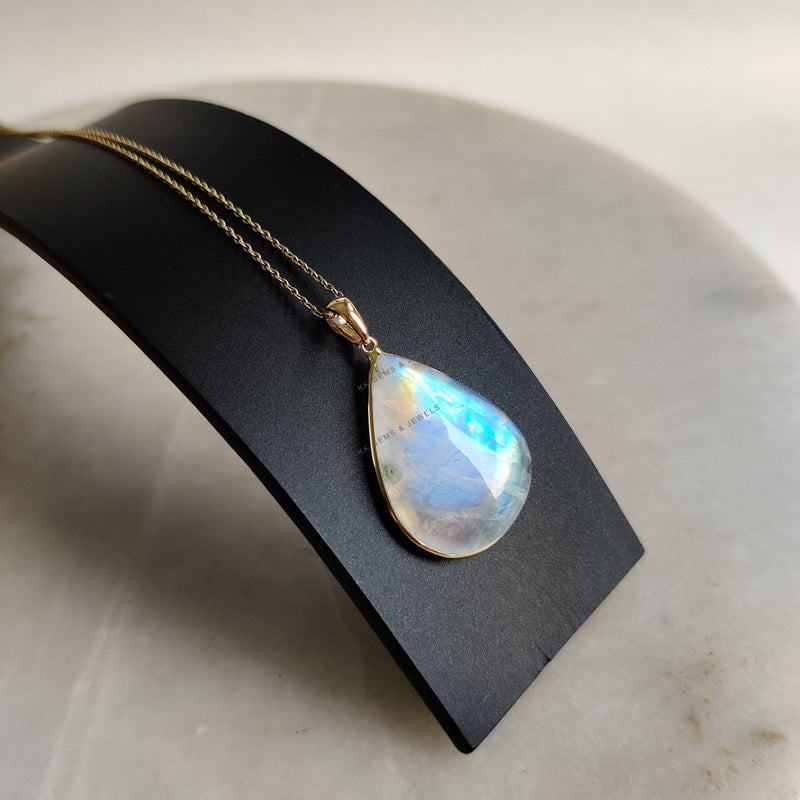 14K Solid Yellow Gold Natural Rainbow Moonstone Pendant, Pear Cabochon