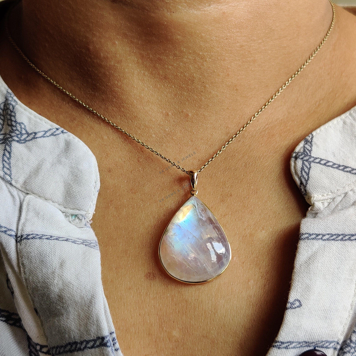 14K Solid Yellow Gold Natural Rainbow Moonstone Pendant, Pear Cabochon
