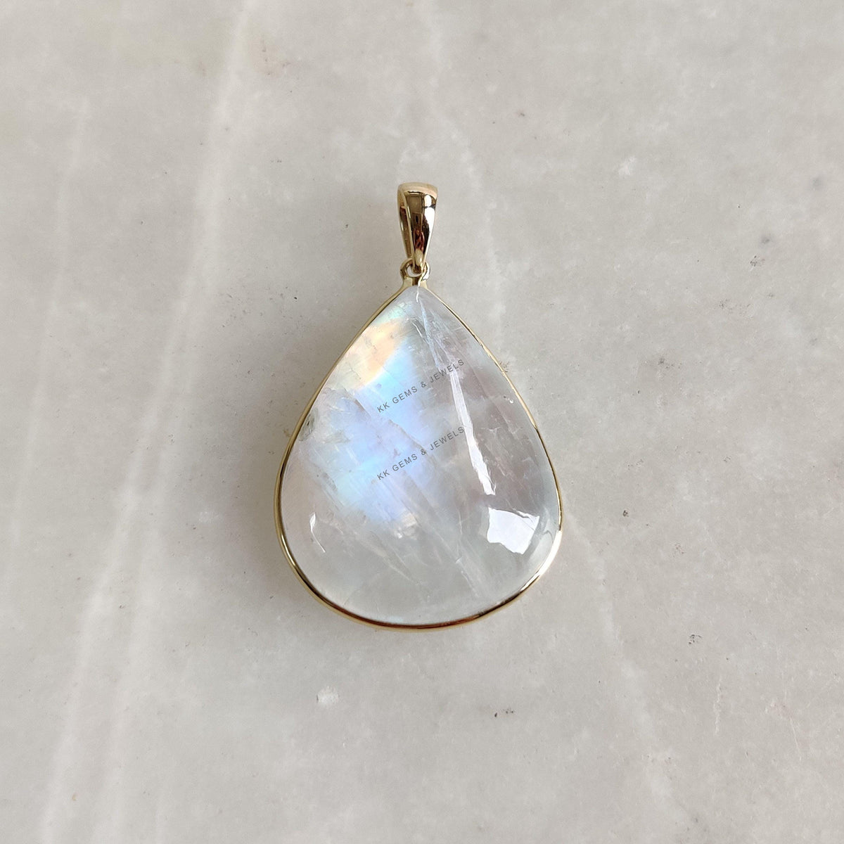 14K Solid Yellow Gold Natural Rainbow Moonstone Pendant, Pear Cabochon