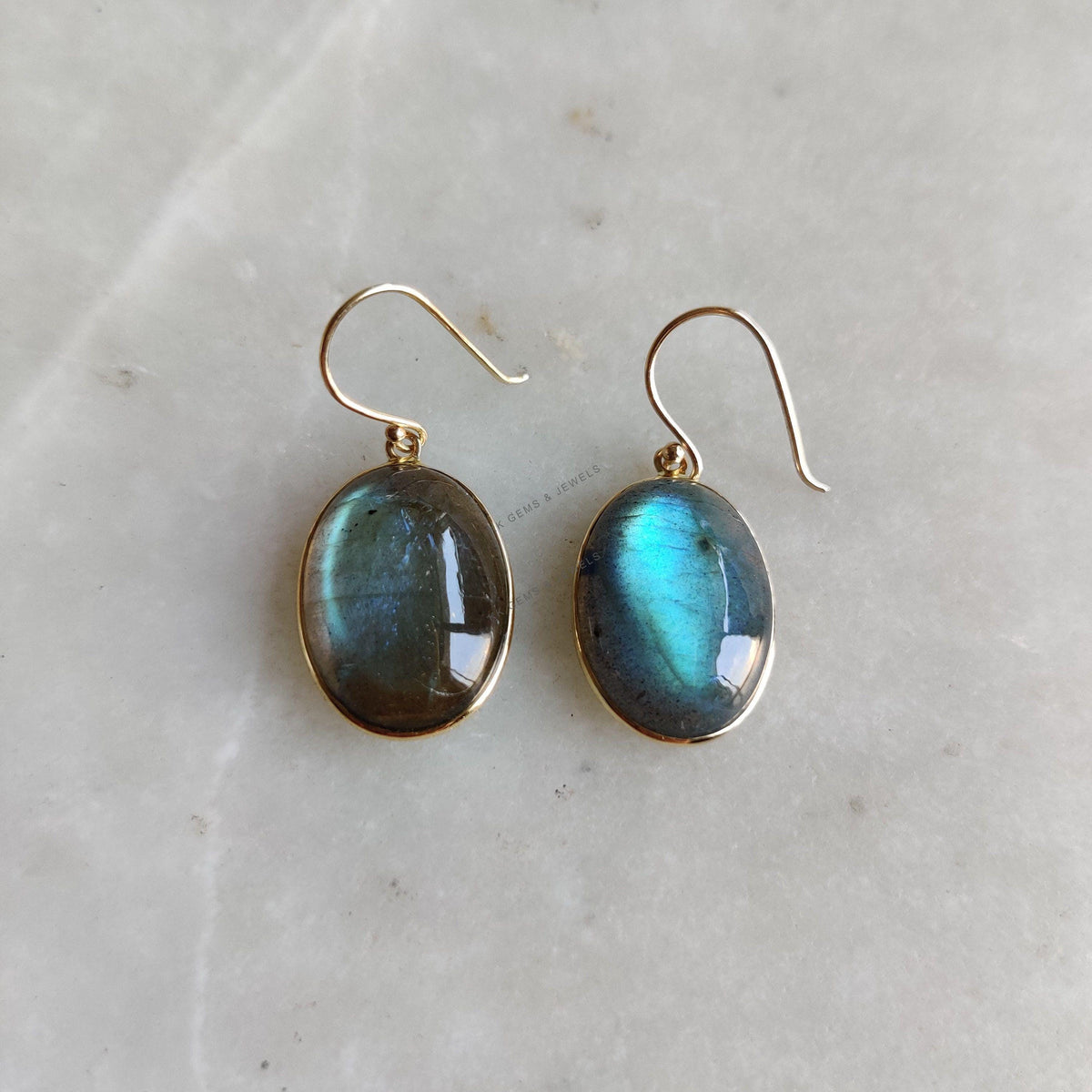 14K Solid Gold Natural Labradorite Drop Earrings: August Birthstone
