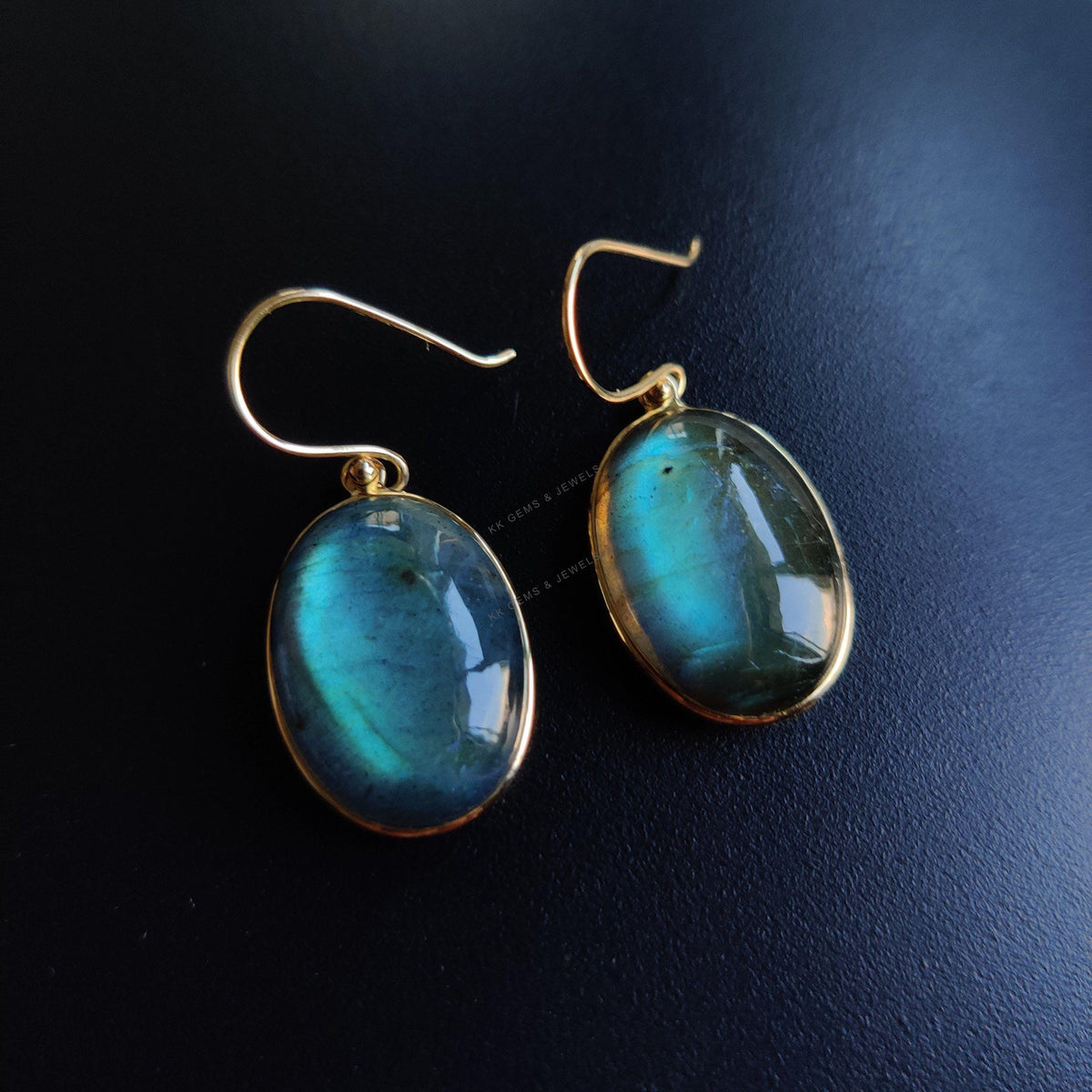 14K Solid Gold Natural Labradorite Drop Earrings: August Birthstone