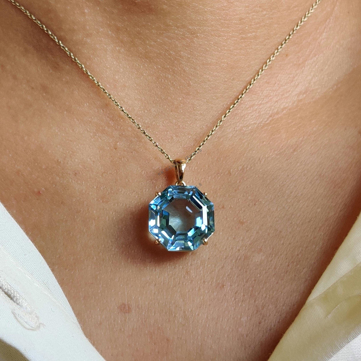 14K Solid Gold Natural Sky Blue Topaz Pendant, Octagon Gemstone, December Birthstone