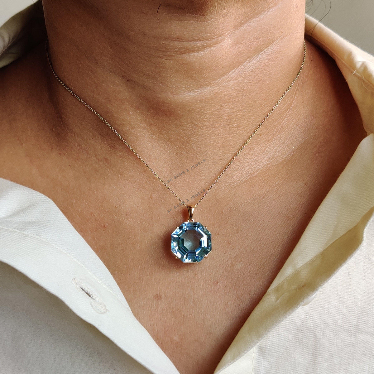14K Solid Gold Natural Sky Blue Topaz Pendant, Octagon Gemstone, December Birthstone