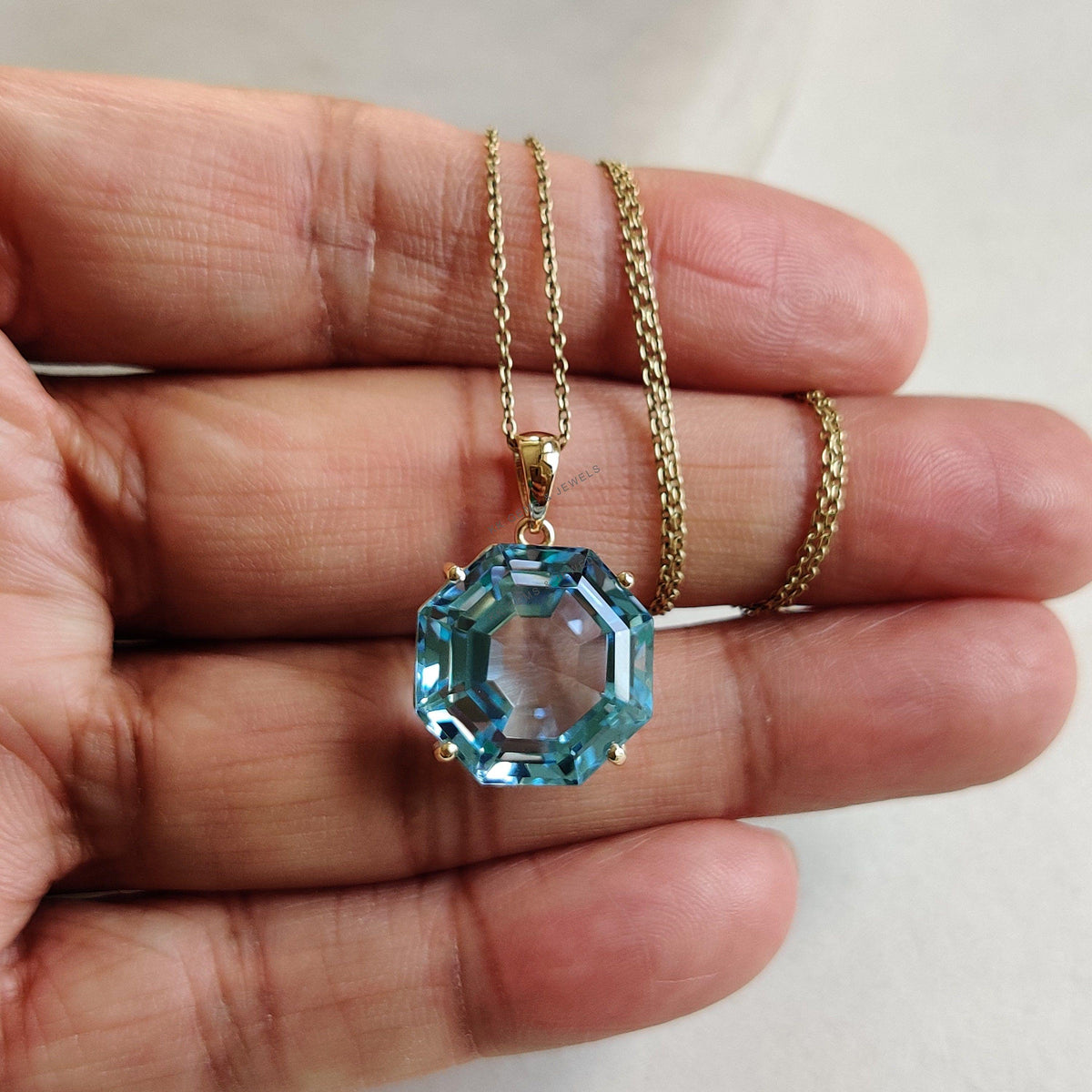 14K Solid Gold Natural Sky Blue Topaz Pendant, Octagon Gemstone, December Birthstone