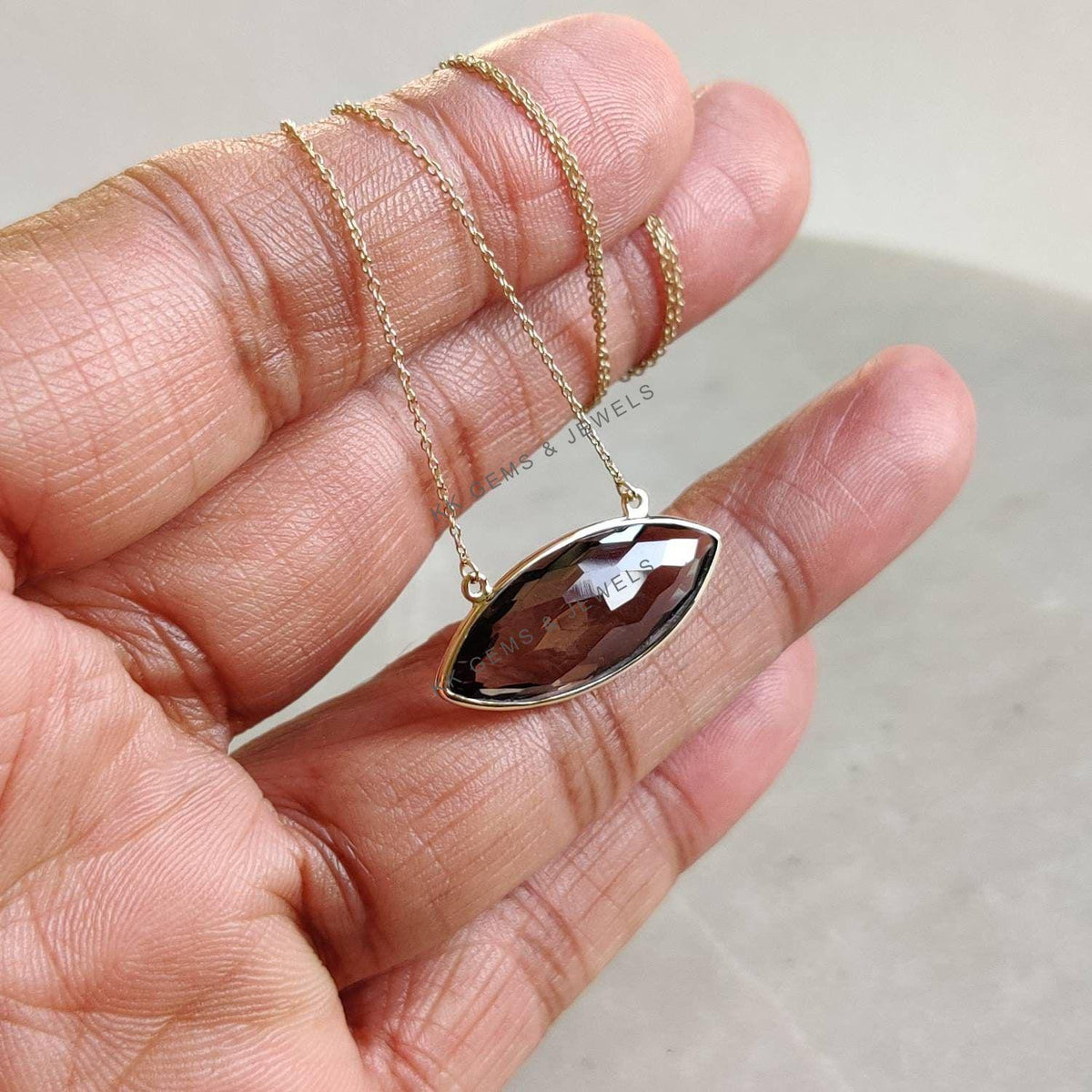 14K Solid Yellow Gold Natural Smoky Quartz Pendant, June Birthstone Chain Necklace
