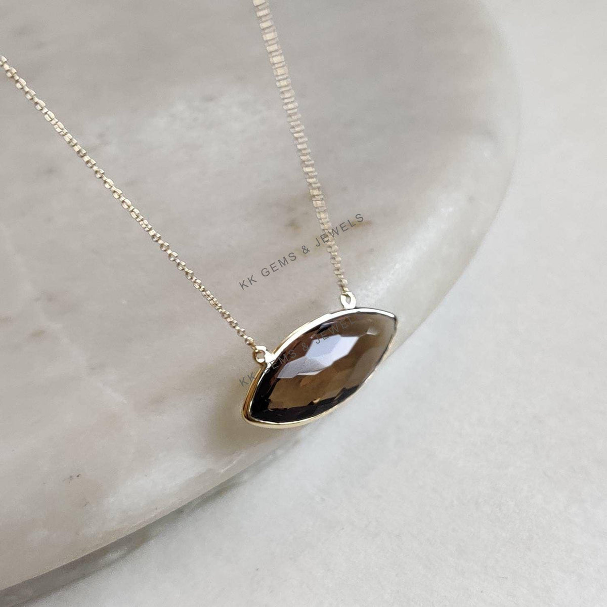 14K Solid Yellow Gold Natural Smoky Quartz Pendant, June Birthstone Chain Necklace