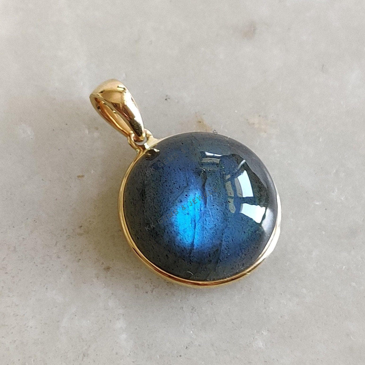 Natural Blue Labradorite Pendant: 14K Solid Yellow Gold Bezel Pendant