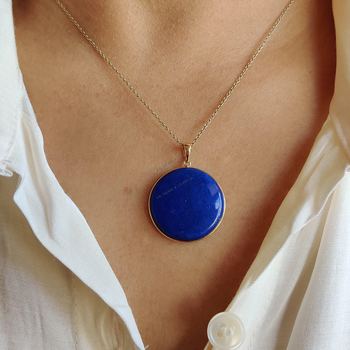 14K Solid Yellow Gold Natural Lapis Lazuli Pendant, September Birthstone