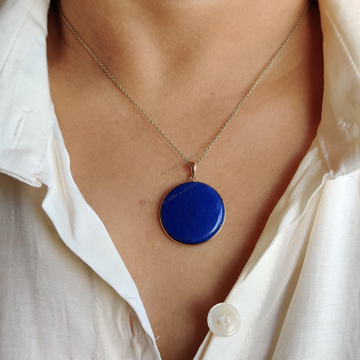 14K Solid Yellow Gold Natural Lapis Lazuli Pendant, September Birthstone