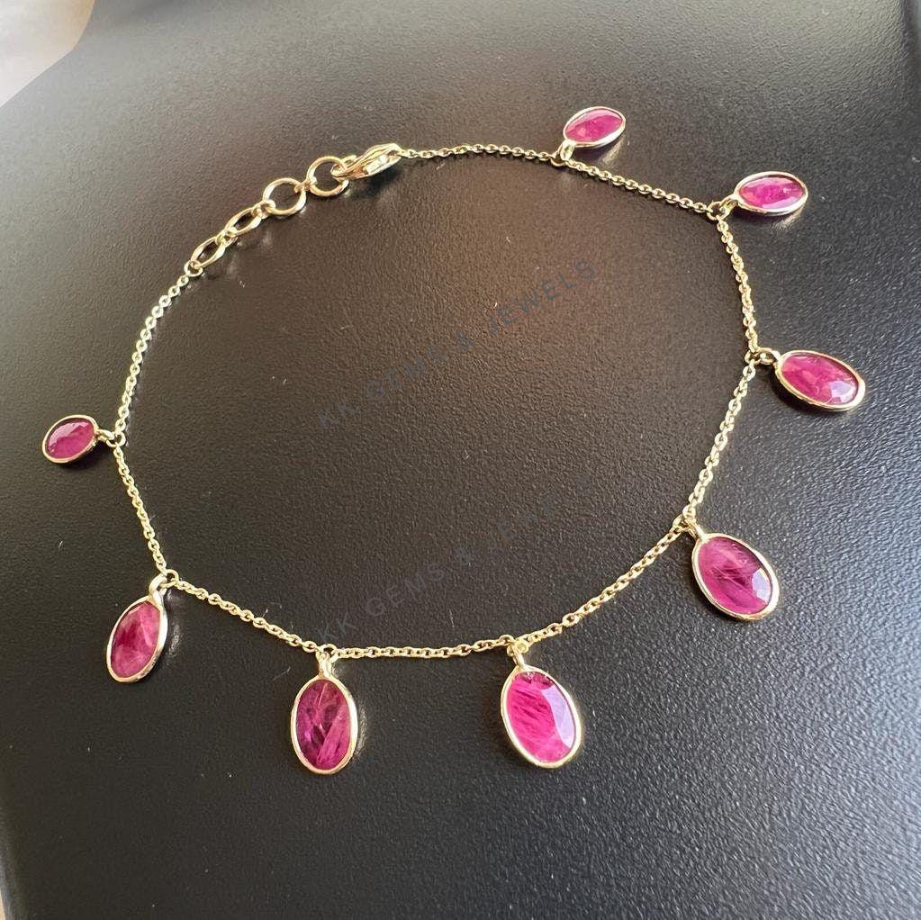 14K Solid Yellow Gold Natural Ruby Chain Bracelet, July Birthstone