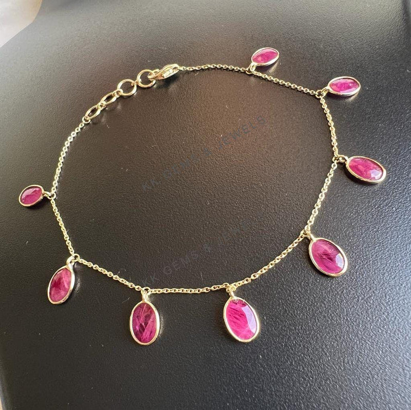 14K Solid Yellow Gold Natural Ruby Chain Bracelet, July Birthstone