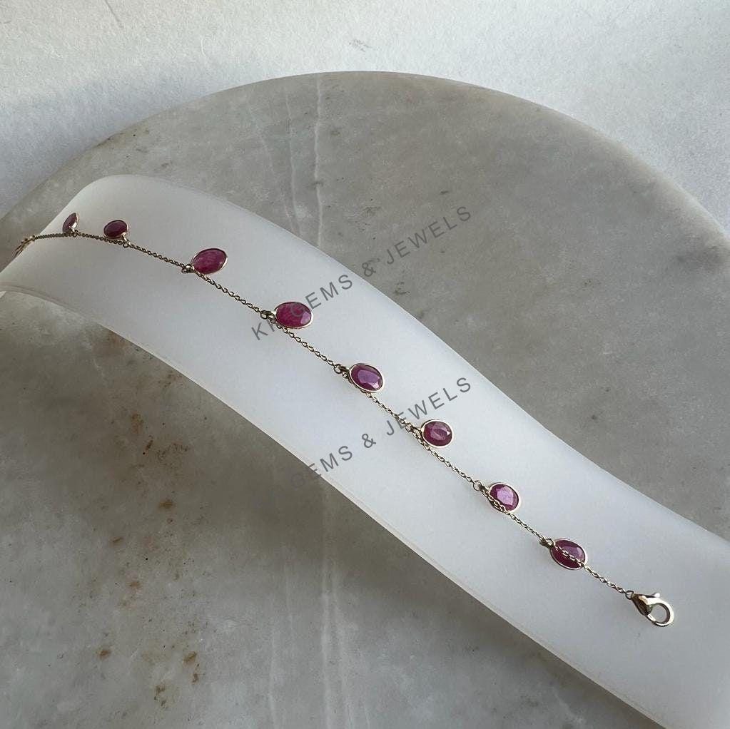14K Solid Yellow Gold Natural Ruby Chain Bracelet, July Birthstone